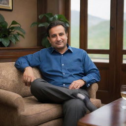 The CEO of the Pio Beverage company, a Pathan from Pakistan, relaxing alone in a comfortable setting, reflecting his cultural background.