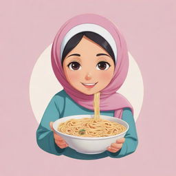 Logo design of an innocent, cute anime character, a Muslim girl in a headscarf, holding a noodle bowl in one hand and eating noodles with other.