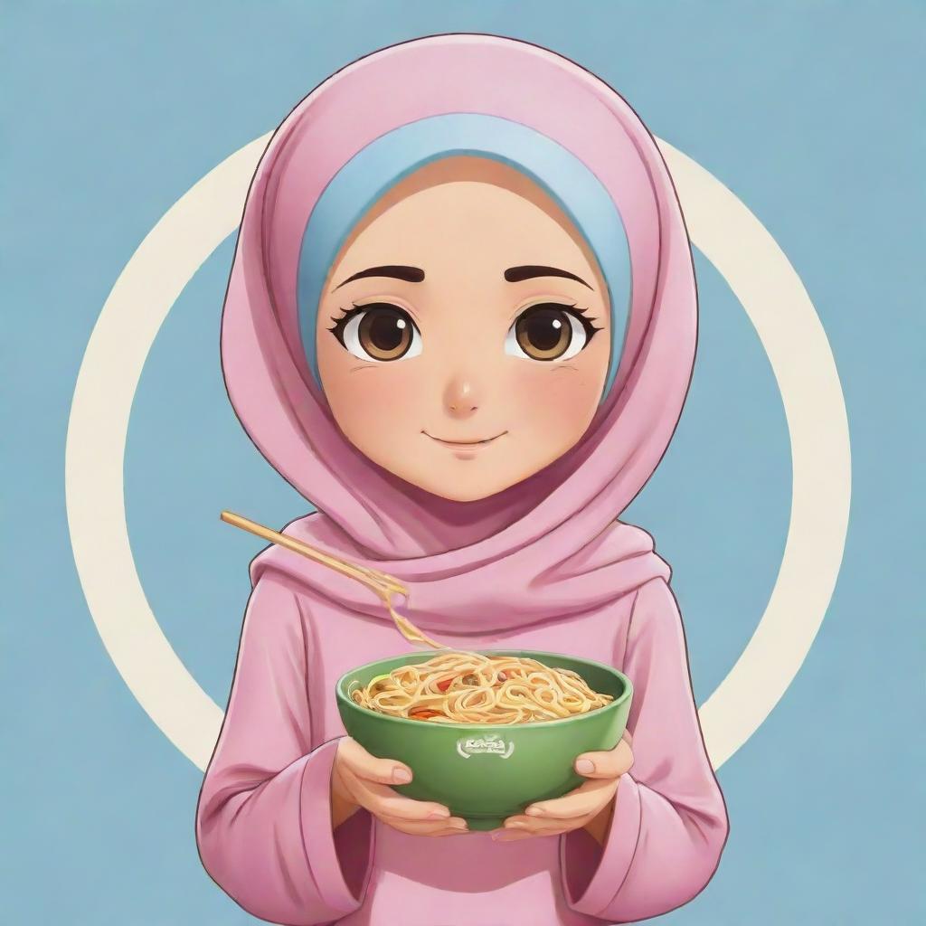 Logo design of an innocent, cute anime character, a Muslim girl in a headscarf, holding a noodle bowl in one hand and eating noodles with other.