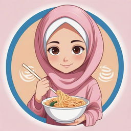 Logo design of an innocent, cute anime character, a Muslim girl in a headscarf, holding a noodle bowl in one hand and eating noodles with other.