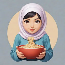 Logo design of an innocent, cute anime character, a Muslim girl in a headscarf, holding a noodle bowl in one hand and eating noodles with other.