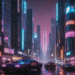 A sprawling, intricate cyberpunk cityscape under a neon sun. The vision is filled with towering skyscrapers, dense layers of futuristic infrastructure, digital billboards, flying cars all silhouetted against a glowing, electric horizon.