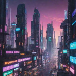 A sprawling, intricate cyberpunk cityscape under a neon sun. The vision is filled with towering skyscrapers, dense layers of futuristic infrastructure, digital billboards, flying cars all silhouetted against a glowing, electric horizon.