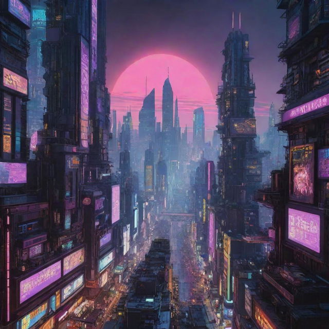 A sprawling, intricate cyberpunk cityscape under a neon sun. The vision is filled with towering skyscrapers, dense layers of futuristic infrastructure, digital billboards, flying cars all silhouetted against a glowing, electric horizon.