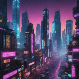 A sprawling, intricate cyberpunk cityscape under a neon sun. The vision is filled with towering skyscrapers, dense layers of futuristic infrastructure, digital billboards, flying cars all silhouetted against a glowing, electric horizon.