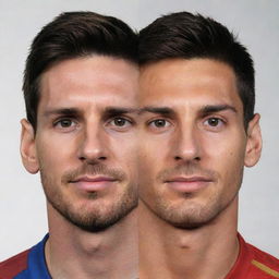 A portmanteau image combining the facial features of footballers Lionel Messi and Cristiano Ronaldo to create one unique face.