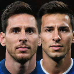 A portmanteau image combining the facial features of footballers Lionel Messi and Cristiano Ronaldo to create one unique face.