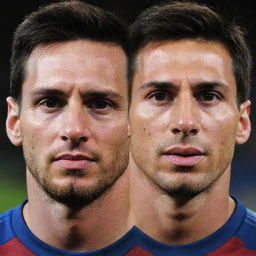 A portmanteau image combining the facial features of footballers Lionel Messi and Cristiano Ronaldo to create one unique face.