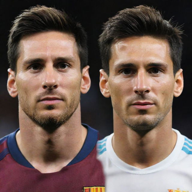 A portmanteau image combining the facial features of footballers Lionel Messi and Cristiano Ronaldo to create one unique face.