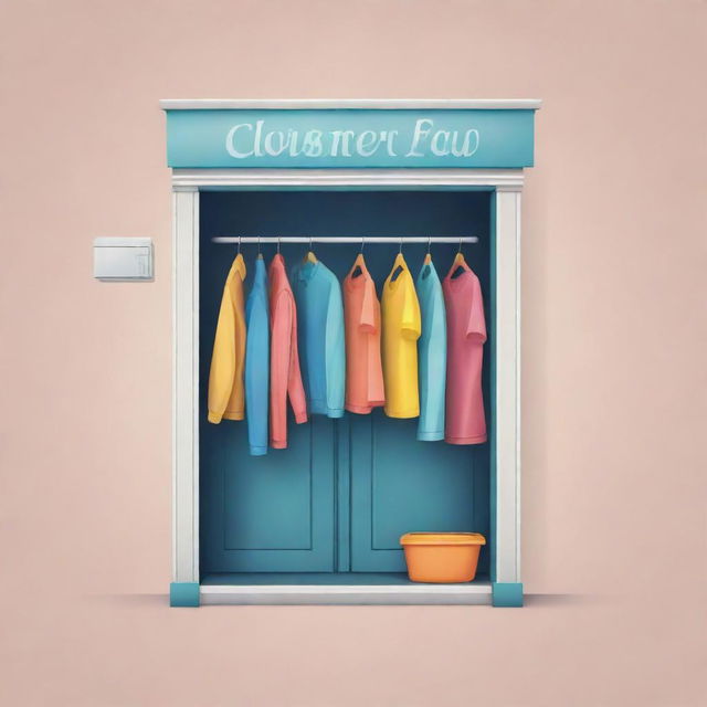 Design a logo for a clothes cleaning shop. Incorporate elements such as washed clothes, detergent bubbles, and a door. Use a style that would fit most door designs.