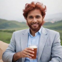 The CEO of the Pio Beverage company, a Pathan from Pakistan with noticeable red hair, relaxed and savoring his brand's drink in his leisure time.