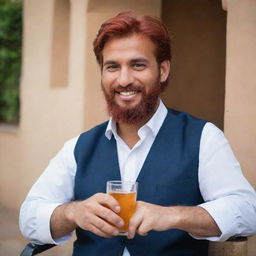 The CEO of the Pio Beverage company, a Pathan from Pakistan with noticeable red hair, relaxed and savoring his brand's drink in his leisure time.