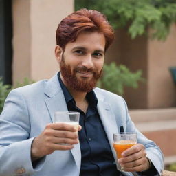 The CEO of the Pio Beverage company, a Pathan from Pakistan with noticeable red hair, relaxed and savoring his brand's drink in his leisure time.