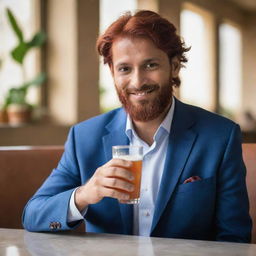 The CEO of the Pio Beverage company, a Pathan from Pakistan with noticeable red hair, relaxed and savoring his brand's drink in his leisure time.