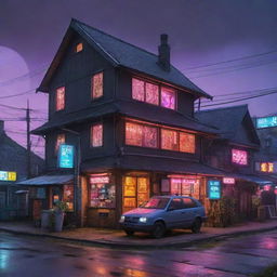 An unusual fusion of a traditional village and cyberpunk aesthetics. The quaint rural charm of old houses blend with the futuristic neon signs, advanced technologies, and extraterrestrial architectures.