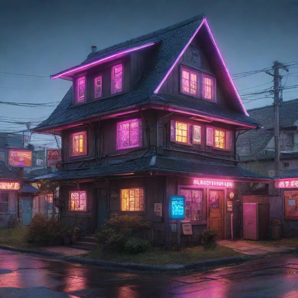 An unusual fusion of a traditional village and cyberpunk aesthetics. The quaint rural charm of old houses blend with the futuristic neon signs, advanced technologies, and extraterrestrial architectures.