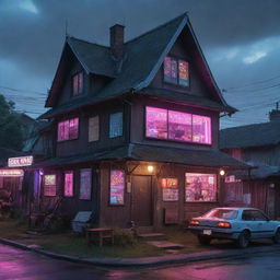 An unusual fusion of a traditional village and cyberpunk aesthetics. The quaint rural charm of old houses blend with the futuristic neon signs, advanced technologies, and extraterrestrial architectures.