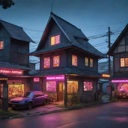 An unusual fusion of a traditional village and cyberpunk aesthetics. The quaint rural charm of old houses blend with the futuristic neon signs, advanced technologies, and extraterrestrial architectures.