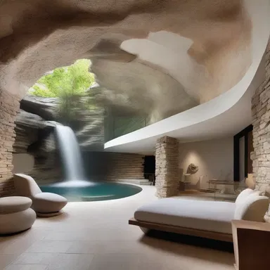 The modern house design incorporates a unique cave-inspired room with stone walls and a waterfall feature.