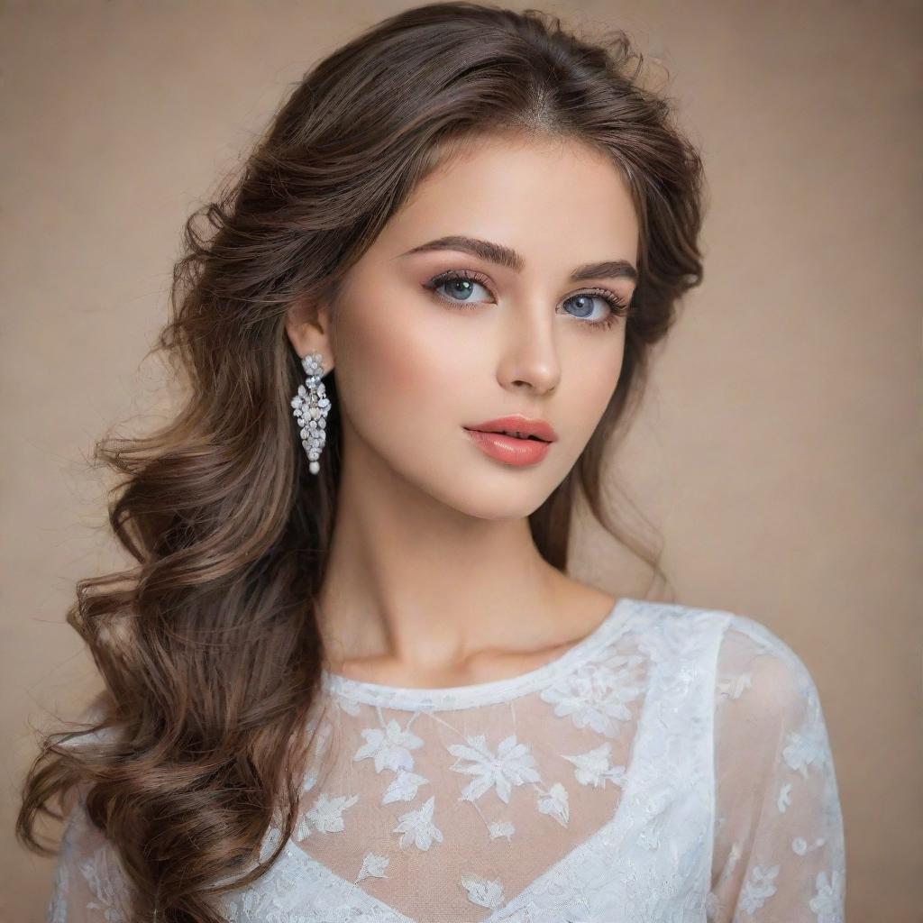 The most beautiful girl in the world, exuding charm and grace with striking features, captivating eyes, and an elegant outfit.