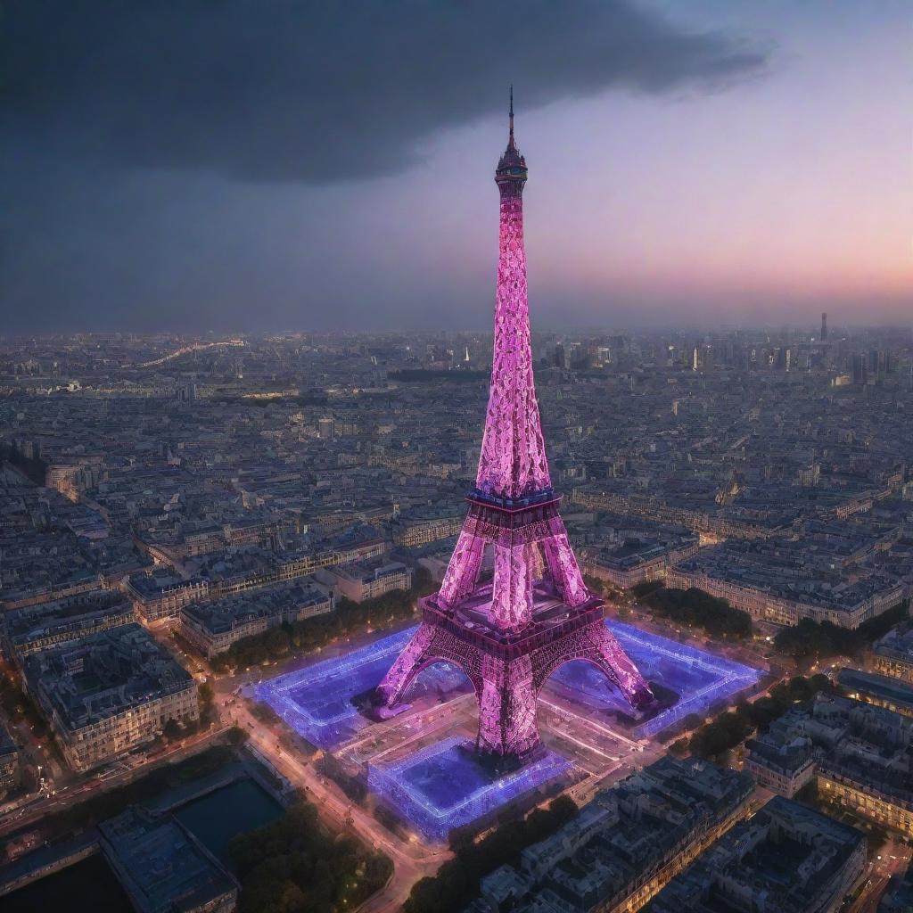 The Eiffel Tower reimagined in a cyberpunk aesthetic: illuminated by futuristic neon lights, surrounded by a high-tech, dystopian Paris skyline, and serving as a hub for aerial vehicles.