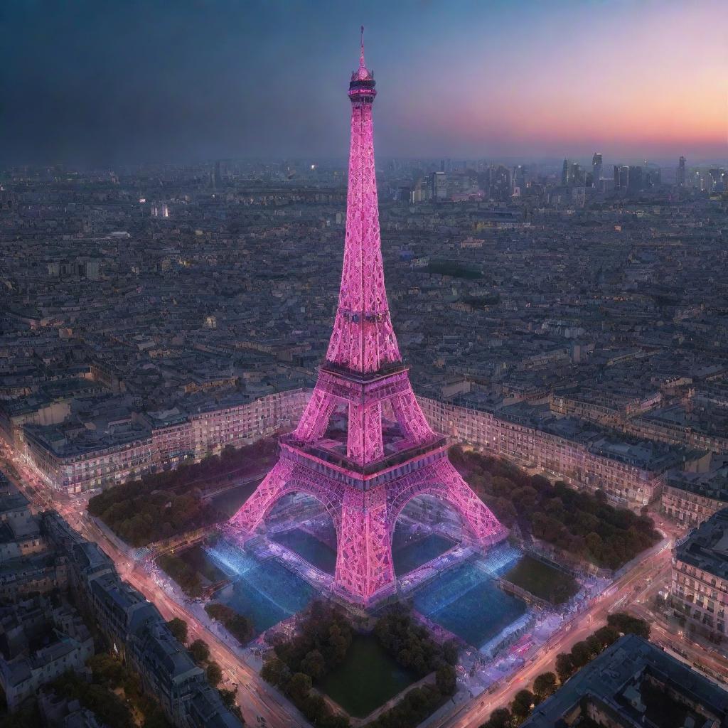 The Eiffel Tower reimagined in a cyberpunk aesthetic: illuminated by futuristic neon lights, surrounded by a high-tech, dystopian Paris skyline, and serving as a hub for aerial vehicles.