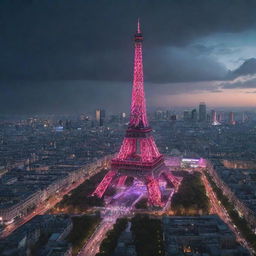 The Eiffel Tower reimagined in a cyberpunk aesthetic: illuminated by futuristic neon lights, surrounded by a high-tech, dystopian Paris skyline, and serving as a hub for aerial vehicles.