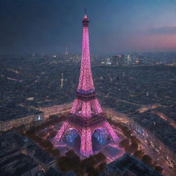 The Eiffel Tower reimagined in a cyberpunk aesthetic: illuminated by futuristic neon lights, surrounded by a high-tech, dystopian Paris skyline, and serving as a hub for aerial vehicles.