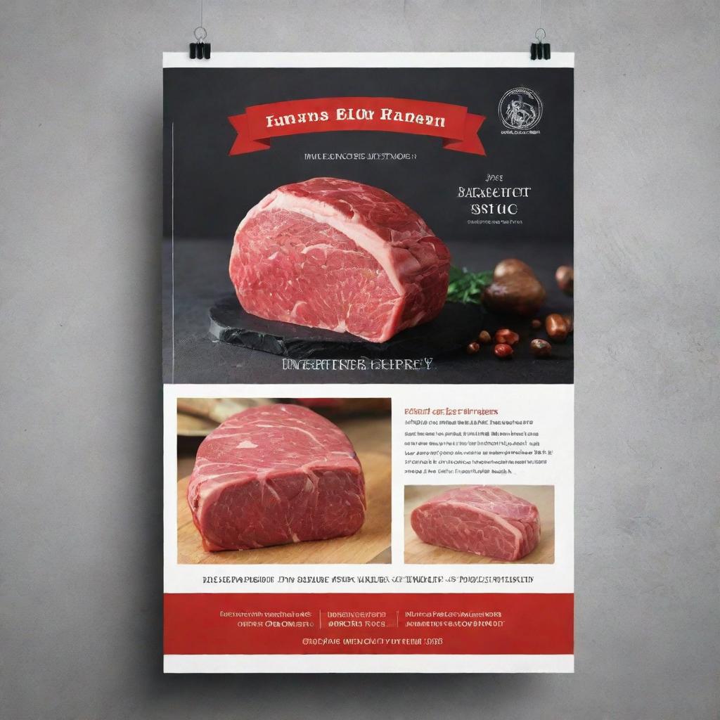 Create a visually appealing flyer for a butcher shop featuring an offer for loin at $2000 per kilogram. Include an image of the premium-quality loin meat, the shop's logo and contact details. The design should convey a sense of quality and trustworthiness.