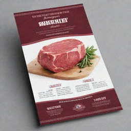 Create a visually appealing flyer for a butcher shop featuring an offer for loin at $2000 per kilogram. Include an image of the premium-quality loin meat, the shop's logo and contact details. The design should convey a sense of quality and trustworthiness.