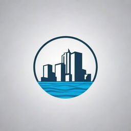 Create a simple, elegant logo that incorporates a swimming pool and urban buildings.