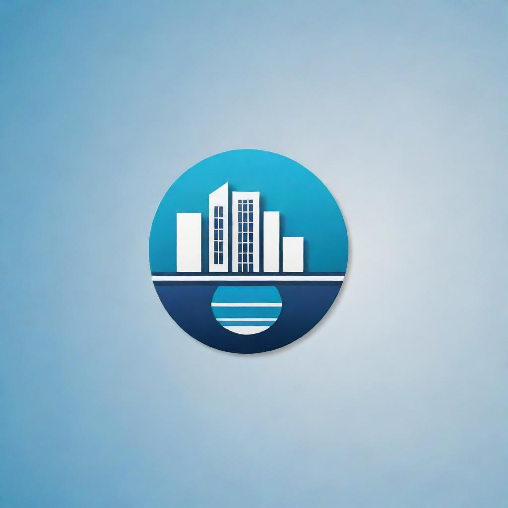 Create a simple, elegant logo that incorporates a swimming pool and urban buildings.