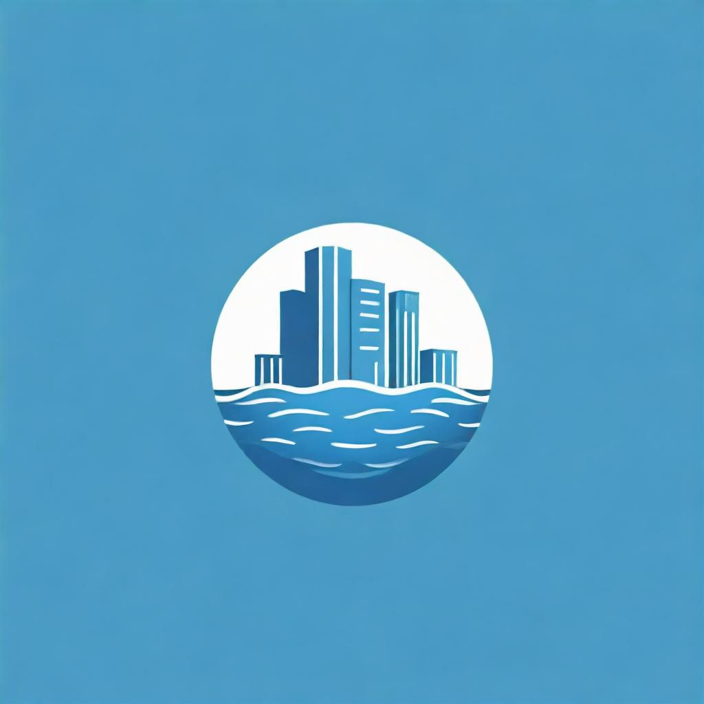 Create a simple, elegant logo that incorporates a swimming pool and urban buildings.