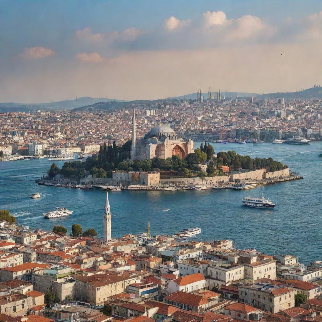 A scenic view of Istanbul, highlighting the city's rich history with iconic landmarks like the Hagia Sophia and the Bosporus contrasting against bustling markets and contemporary cityscapes.