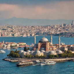 A scenic view of Istanbul, highlighting the city's rich history with iconic landmarks like the Hagia Sophia and the Bosporus contrasting against bustling markets and contemporary cityscapes.