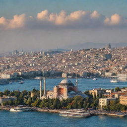 A scenic view of Istanbul, highlighting the city's rich history with iconic landmarks like the Hagia Sophia and the Bosporus contrasting against bustling markets and contemporary cityscapes.