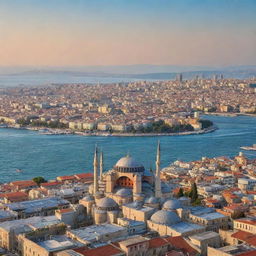 A scenic view of Istanbul, highlighting the city's rich history with iconic landmarks like the Hagia Sophia and the Bosporus contrasting against bustling markets and contemporary cityscapes.