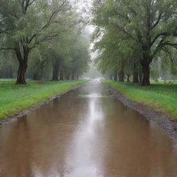 A beautiful scene depicting soothing, heavy rain pouring down onto a serene landscape, causing ripples in puddles and casting a calming, wet sheen over everything.