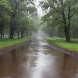 A beautiful scene depicting soothing, heavy rain pouring down onto a serene landscape, causing ripples in puddles and casting a calming, wet sheen over everything.