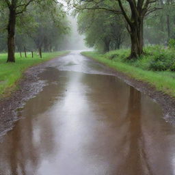 A beautiful scene depicting soothing, heavy rain pouring down onto a serene landscape, causing ripples in puddles and casting a calming, wet sheen over everything.