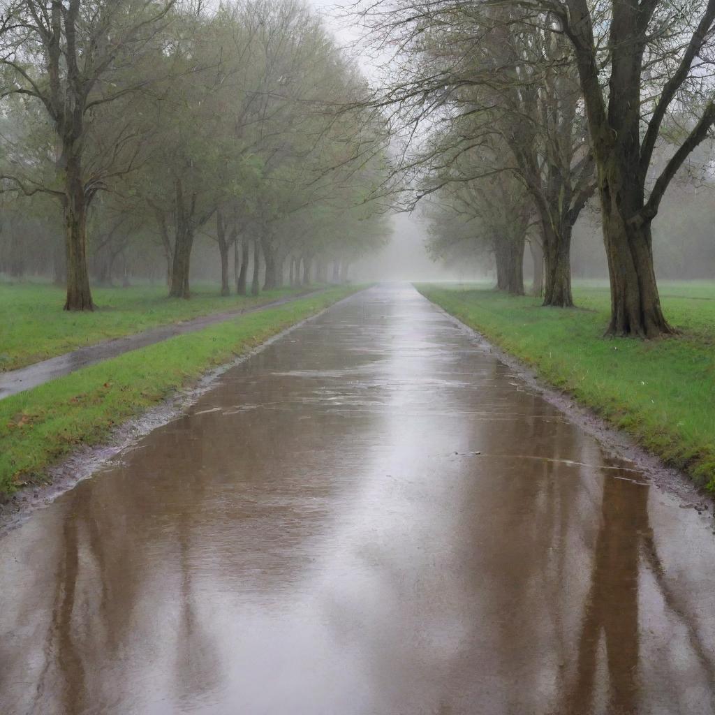 A beautiful scene depicting soothing, heavy rain pouring down onto a serene landscape, causing ripples in puddles and casting a calming, wet sheen over everything.