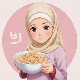 Logo featuring a cute, innocent anime character: a Muslim girl in a headscarf, holding a bowl of noodles in one hand.