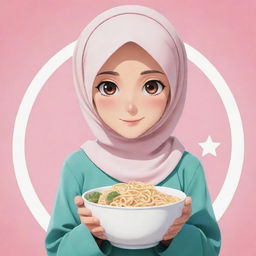 Logo featuring a cute, innocent anime character: a Muslim girl in a headscarf, holding a bowl of noodles in one hand.