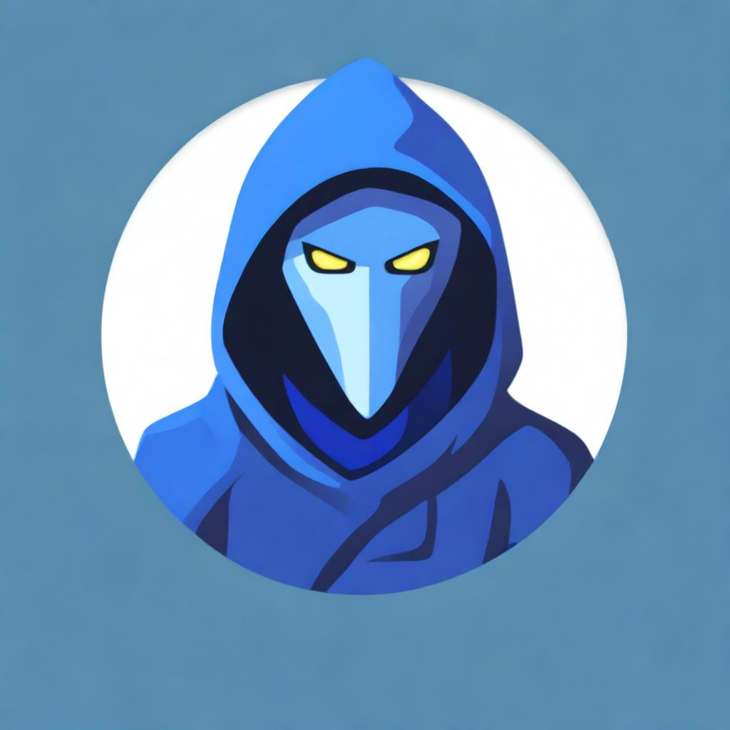 A digital art icon for a Discord bot, featuring a figure cloaked in a blue hoodie, evoking the mystery and adventure of Dungeons and Dragons