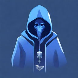 A digital art icon for a Discord bot, featuring a figure cloaked in a blue hoodie, evoking the mystery and adventure of Dungeons and Dragons