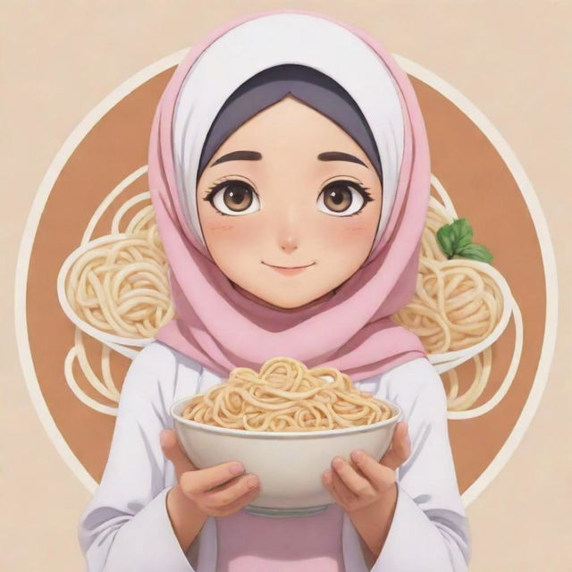 Logo featuring a cute, innocent anime character: a Muslim girl in a headscarf, holding a bowl of noodles in one hand.