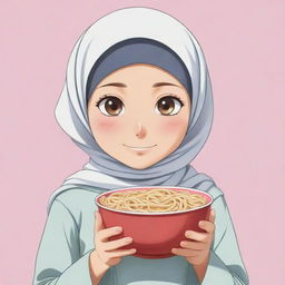 Logo featuring a cute, innocent anime character: a Muslim girl in a headscarf, holding a bowl of noodles in one hand.