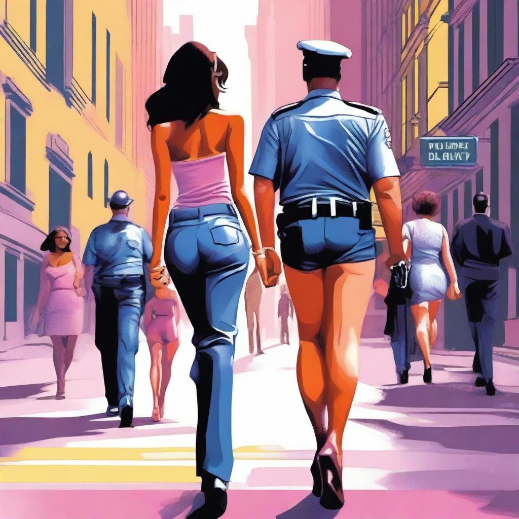 A high-quality digital art piece capturing a scene of a woman in stylish lingerie walking down a city street