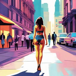 A high-quality digital art piece capturing a scene of a woman in stylish lingerie walking down a city street