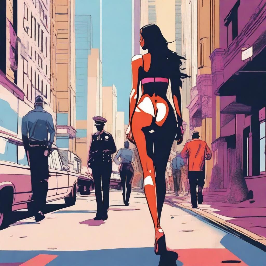 A high-quality digital art piece capturing a scene of a woman in stylish lingerie walking down a city street